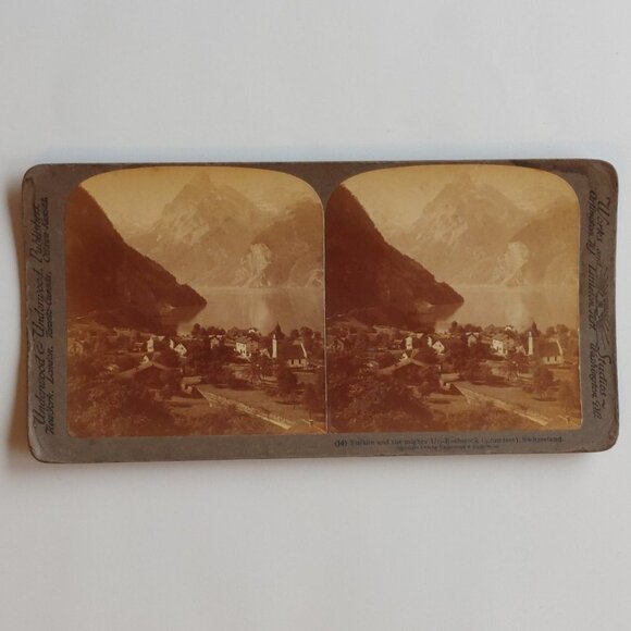 ANTIQUE Stereograph Sisikon and the Mighty Uri-Rothstock(9620 ft), Switzerland - Picture 1 of 5